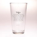 A clear glass drinking tumbler with black printed text on a white background. The text reads 'Libra' followed by a poem describing Libra traits, and the brand name 'Pints and Poetry' is printed near the bottom.